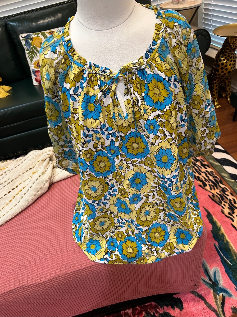 Boho Floral Peasant Top - Blue & Olive